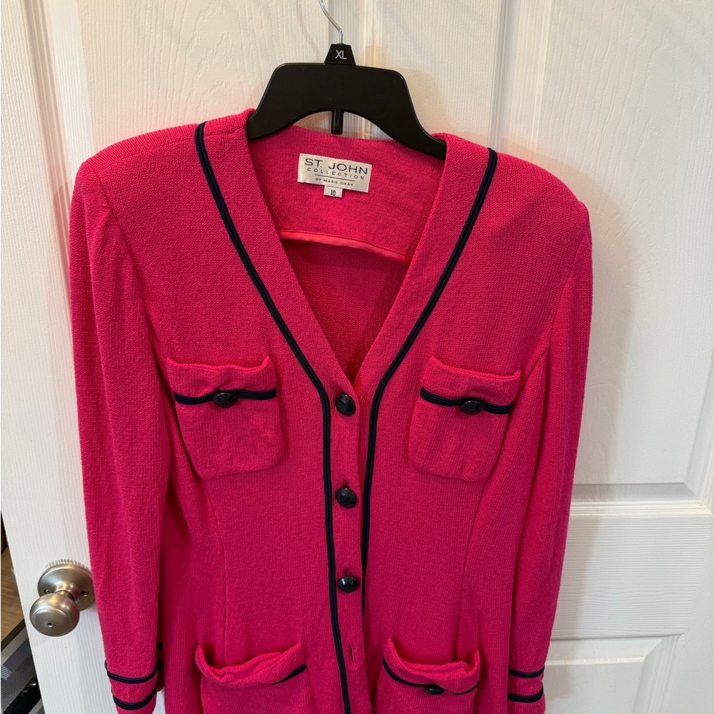 St. John Vibrant Pink Cardigan with Black Accents